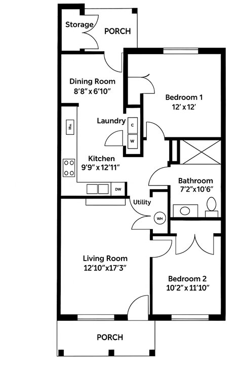 Floor plan for 2 beds, 1 bath, 881 sqft